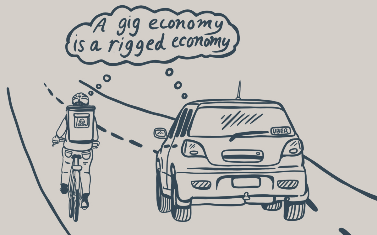 a bike courier and car with a uber sticker share a thought bubble that says "a gig economy is a rigged economy"